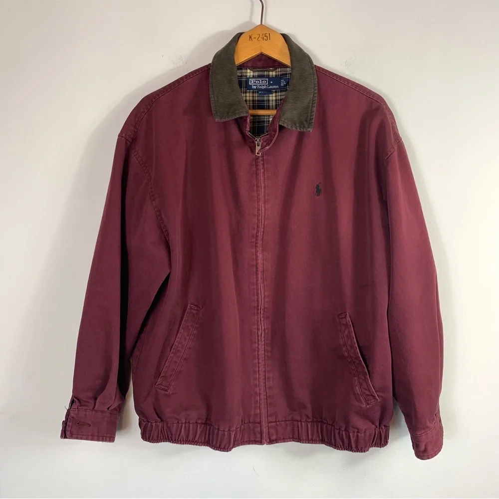 Vintage 90's Polo Ralph Lauren Corduroy Collar Plaid Harrington Zipper Jacket L